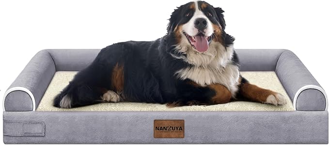 Orthopedic Dog Bed for Jumbo Dogs, 53 x 42 Inch, Purple | Egg crate foam for joint support, 3-sided bolster pet sofa, waterproof lining, washable cover, and non-skid base