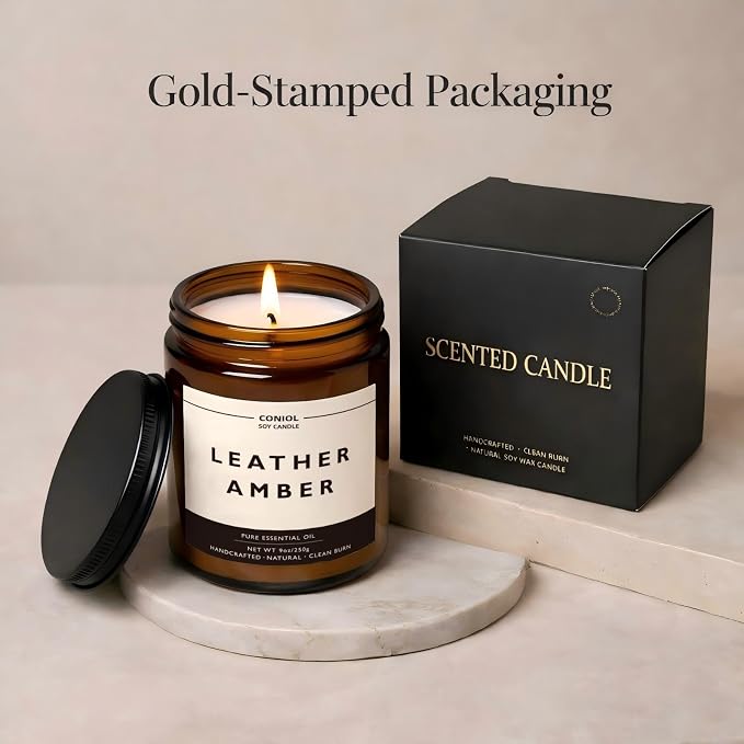 Leather Amber Scented Candles for Home, Natural Soy Wax Candle with Essential Oils, 9oz Amber Jar Aromatherapy Candel, 50H Long & Non-Toxic Burning, Hand Poured, Giftable, Relaxation, Birthday