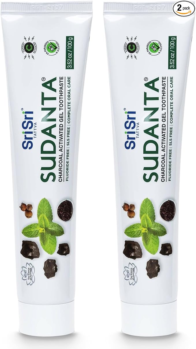 Sri Sri Tattva Sudanta Charcoal Toothpaste Gel – SLS, Fluoride Free Herbal Toothpaste with Neem & Ayurvedic Herbs – Natural Teeth Whitening, Fresh Breath, Oral & Gum Health – 100g Tube (Pack of 2)