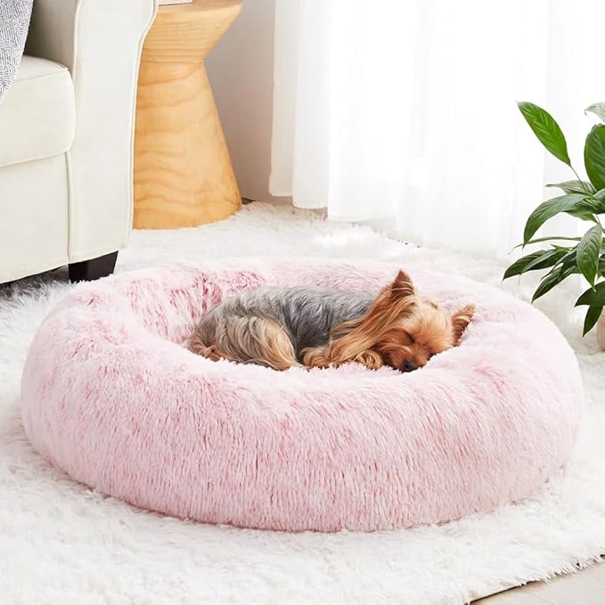 WNPETHOME Small Pink Round Calming Dog Bed Cat Bed for Comfy Sleep | Dog Beds For Small Dog, Cute Washable Puppy Bed with Fluffy Plush, Faux Fur Anti Anxiety Pet Bed Donut Cuddler (24x24x8 Inch)