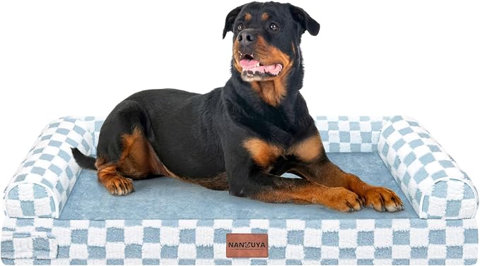 Orthopedic Dog Bed for XX-Large Dogs, 44 x 34 Inch, Blue Grid | Egg crate foam for joint support, 3-sided bolster pet sofa, waterproof lining, washable cover, and non-skid base