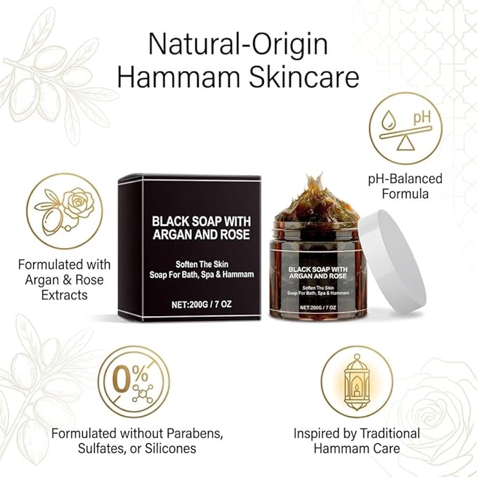 Moroccan Black Soap Hammam, Black Soap for Face, Exfoliating Body Cleanser, Argan Oil Nut Oil and Rose Oil– Deep Cleansing, Softens Skin Highly Moisturize (1PCS Moroccan Body Care)