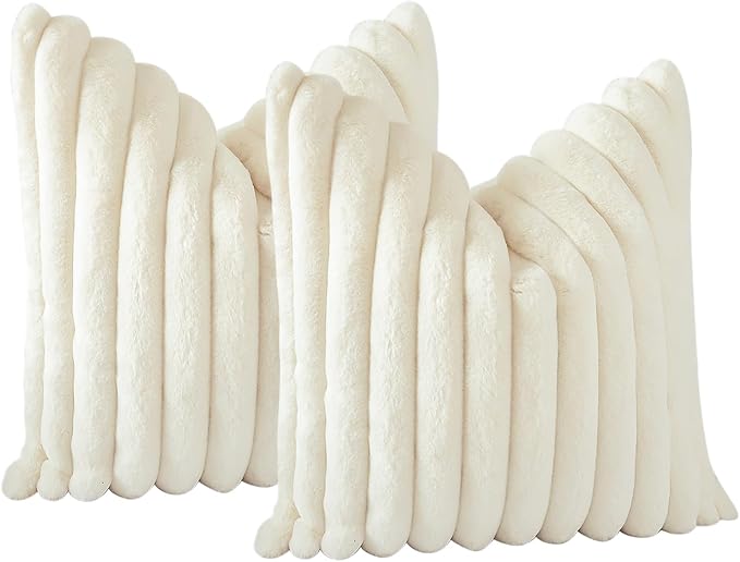 Soleebee Set of 2 Throw Pillow Covers Soft Cozy Velvet Pillowcase Faux Rabbit Fur Cover for Couch Sofa Bed Chair Home Decorative Pillows Cover (24x24 Inch, Ivory White)