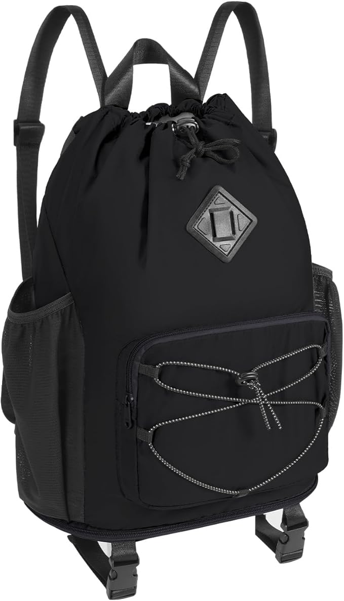 WANDF Drawstring Backpack with Removable Wet Pocket, Sandproof Beach Backpack with Bottom Compression Strap for Beach Mat, Swim Bag for Pool, Gym, Travel and Workout Gear (Black)