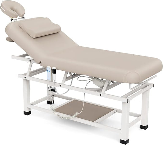Olela Electric Massage Table with Heated Function- Heated Massage Table with Electric Lift & Manual Adjustable Backrest, Treatment Table with Storage and Metal Frame for Massage, Spa So On
