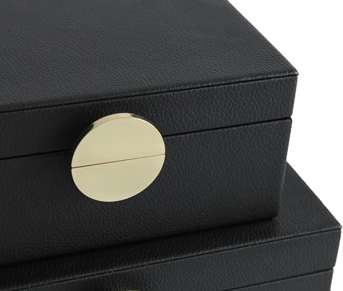 HofferRuffer Faux Leather Jewelry Boxes, Decorative Boxes Storage Accessory Organizer with Gold Hardware Decor, Classic Vegan Leather Set of 2 Pieces (Black)