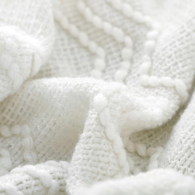 BOURINA Off White Throw Blanket 50x90 Inch Boho KnitSoft Throw Sofa Blanket | Knitted Throw Blanket 50x90 Inches, Soft Lightweight Boho Weave Throw Decorative Couch Blanket for Living Room Bedroom Chair