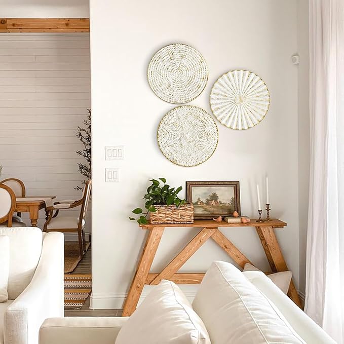 Briful 12" Wall Décor Pack of 3 Metal White Washed Starbursts Radial Plate Wall Art Modern Accent Hanging Wall Decorations For Home Office Bedroom Or Living Room Wall Sculptures