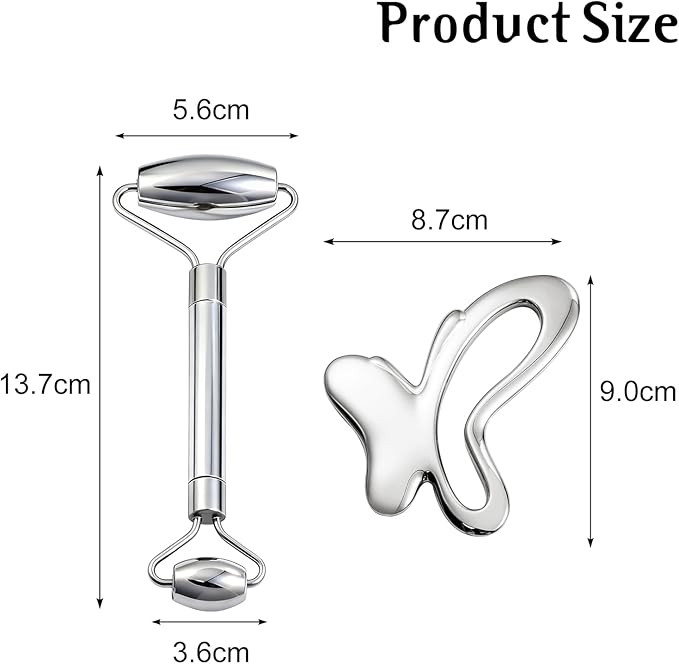 erdnretl Gua Sha & Face Roller, Stainless Steel Gua Sha Facial Tools,Lymphatic Drainage Massager for Face, Eyes,Chin & Jawline Sculpting,Body Gua Sha Tools with Pouch (Light Silver)