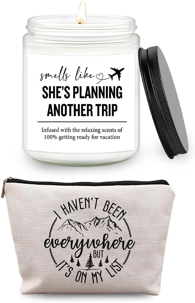 Travel Gifts for Women – 7OZ Scented Candle & Makeup Bag | Mothers Day, Unique Gift for Women, Relaxing Aromatherapy, Stylish Cosmetic Bag for Travelers, Travel Gifts