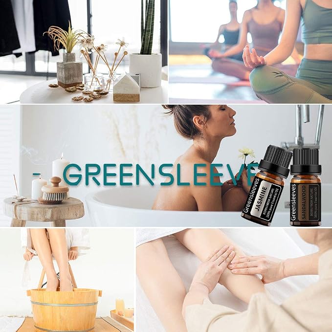 GREENSLEEVES Sandalwood Jasmine Essential Oil Set, 2 x 10ml Pure Plant-Based Fragrance Oil for Aromatherapy, Essential Oils for Diffuser, Massage, Bath Bomb, Scented Candle Soap Making