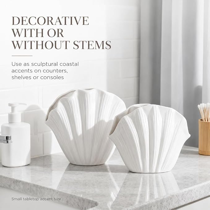 Seashell Vase Set of 2, White Ceramic Shell Vase 6.3" & 5.7", Coastal Sea Shell Vases Decor for Dried Flowers Faux Stem, Beach Nautical Table Decor, Scalloped Aesthetic Vases for Home Accents