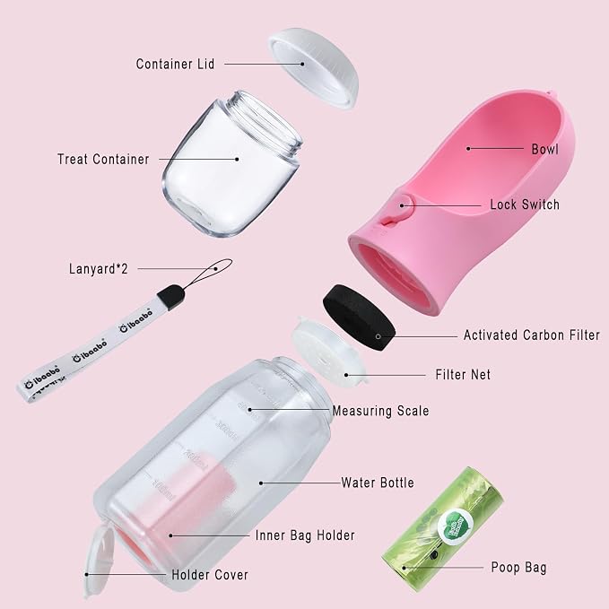 Cibaabo Dog Water Bottle with Food Container & Poop Bag Holder & Filter | Feeding & Hydration & Waste All in One | Travel Puppy Water Bowl | Portable Pet Dispenser | Girl Dog Accessories for Walking