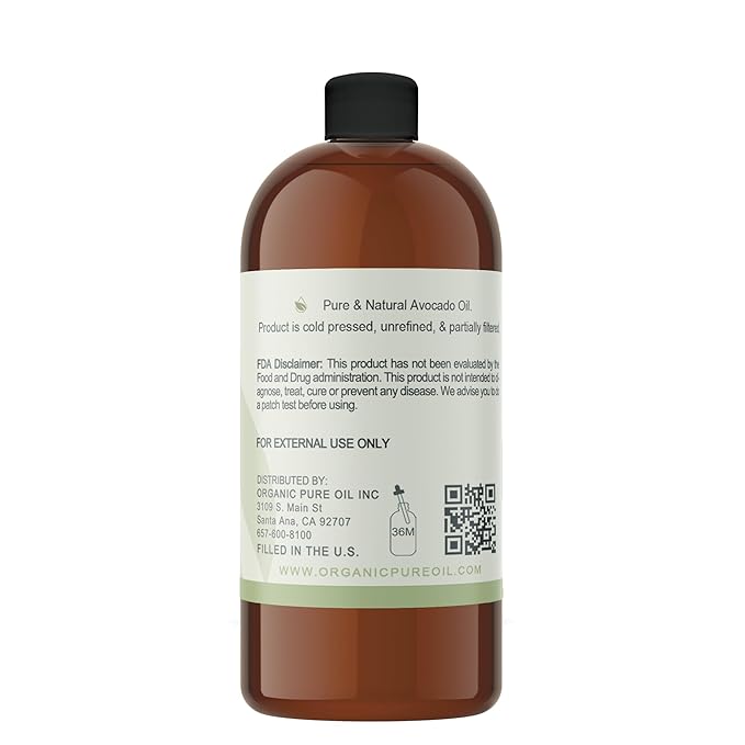 Avocado Oil - Pure, Unrefined, Partially Filtered, Non-GMO, Vegan, Fair Trade, Cold Pressed Peel, Bulk Carrier - 32 oz - for Skin, Hair, Nails, Body & More! Hydrating, Nourishing, Moisturizing