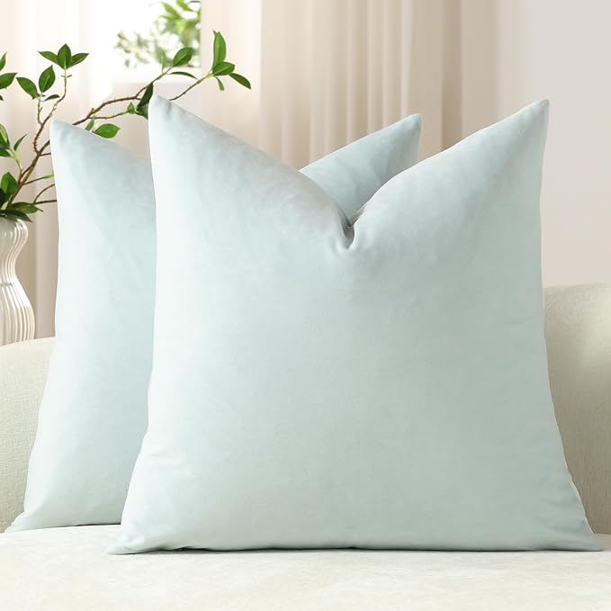 Throw Pillow Covers 18x18 Light-Blue: Pack of 2 Cozy Soft Velvet Square Modern Luxury Decorative Throw Pillow Cases for Sofa Couch Living Room Bed Home Decor