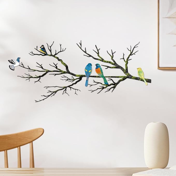 ESTART Metal Birds Wall Art, Metal Vivid Birds on Branch Silhouette Wall Decor Black Leaves with Bird Outdoor Hanging Wall Sculpture for Home Balcony Garden (Bright Color, Large)