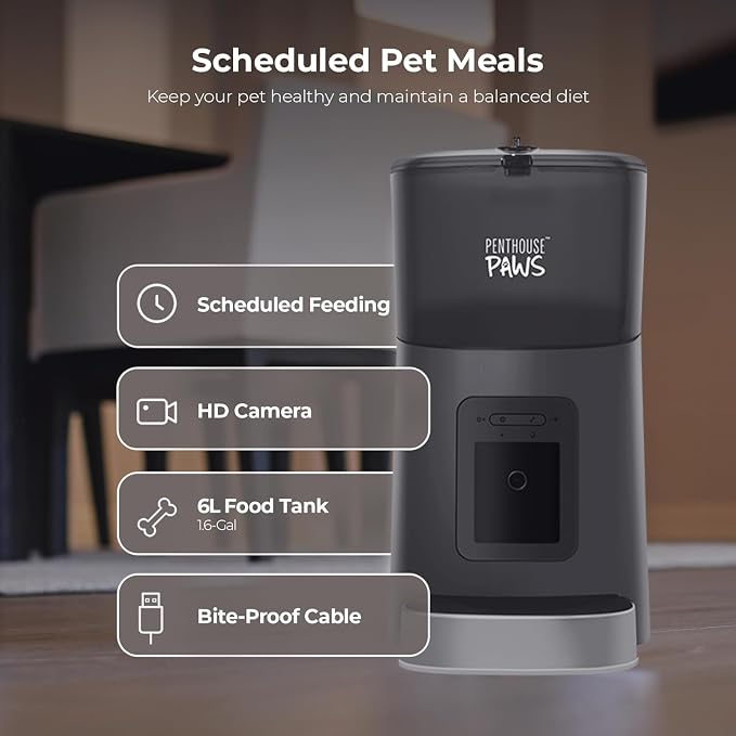 Smart HD Pet Feeder, 6L, Black/Stainless Steel | 1080p Camera, 2-Way Audio, Voice Recording, Night Vision, Scheduled Meals, Backup Power, Easy to Clean, Anti-Jam Design