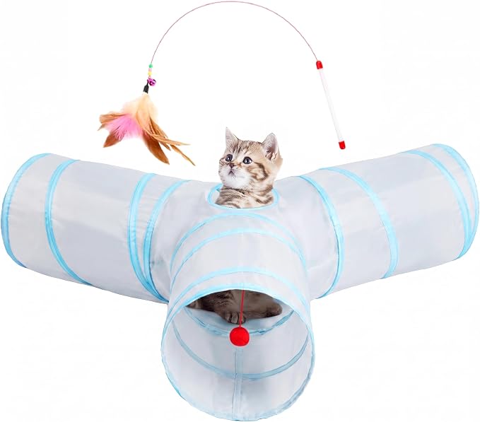 Tempcore Cat Tunnel, 3-Way Collapsible Toy, Large Size Light Grey & Blue