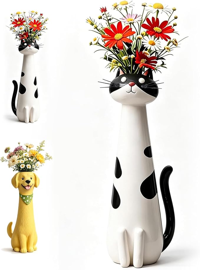 Cat Vase Planter, Cute Cat Figurine Flower Pot, Unique Decorative Resin Planter for Indoor Small Plants, Whimsical Desktop Ornament, Creative Housewarming Gift (Quirky Cat Vase)