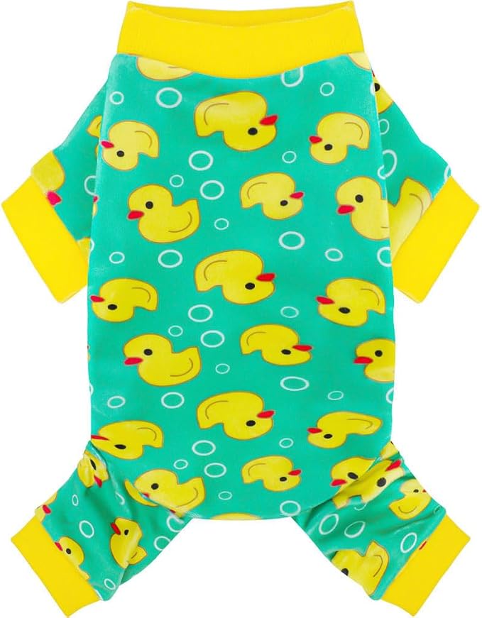 Dog Pajamas Onesie: Comfortable Four-Legged Apparel for Small, Medium, & Large Dogs, Polyester Material for Comfort, Wrinkle Resistance, Moisture Wicking, and Stretchiness Yellow Duck XS
