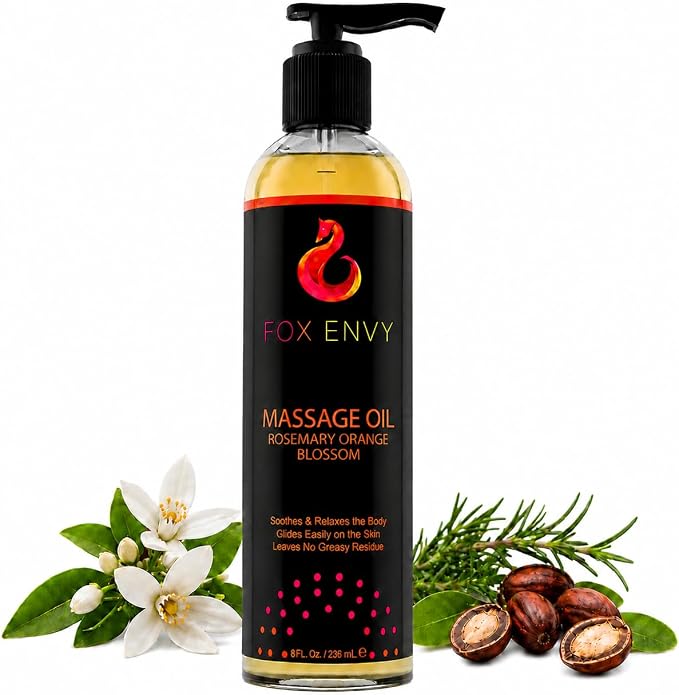 Massage Oil for Couples, Women & Men (1 Bottle, 8 fl oz) - Fox Envy Orange Blossom with Rosemary Scented Sensual Oil with Coconut Oil & Jojoba Oil - Enhances Stimulation for The Body & Muscles