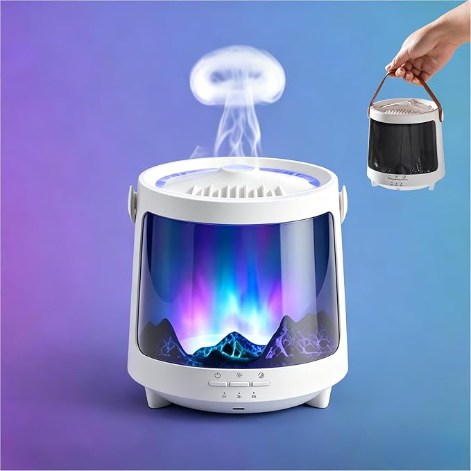 Essential Oil Diffuser, Jellyfish Aroma Diffuser Portable Aurora Flame Diffuser, 300ml Ultrasonic Cold Mist Humidifier, wimer and Auto-Off Function, Suitable for Home and Room (White)