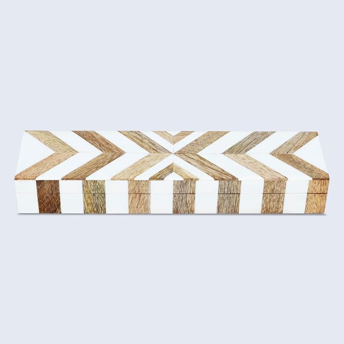 Handicrafts Home White Decorative Storage Box with Lid Wood Entryway Organizer Key Holder Box Console Table Storage for Hallway – Resin Inlay Marquet Chevron Collection - 10x2.5x1.5