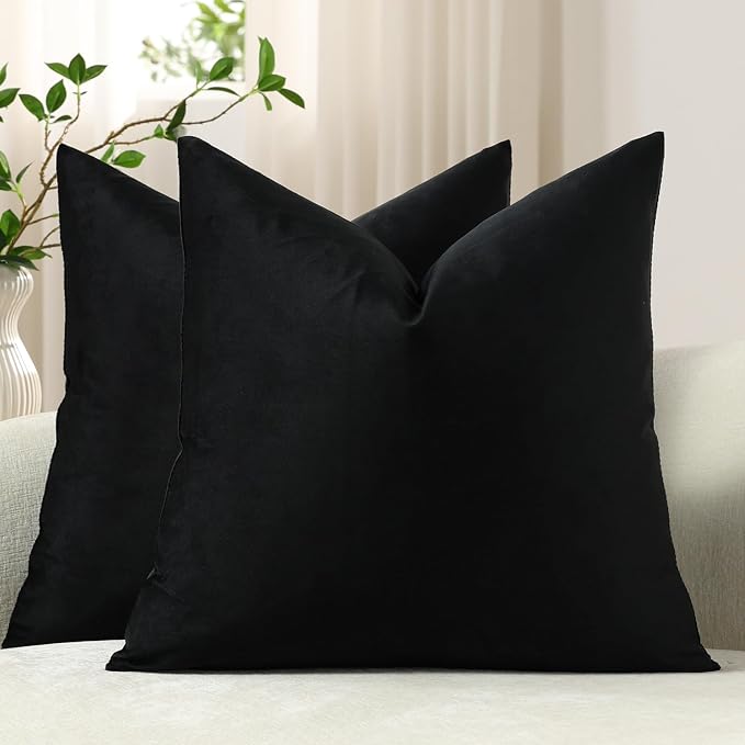 Throw Pillow Covers 22x22 Black: Pack of 2 Cozy Soft Velvet Square Modern Luxury Decorative Throw Pillow Cases for Sofa Couch Living Room Bed Home Decor