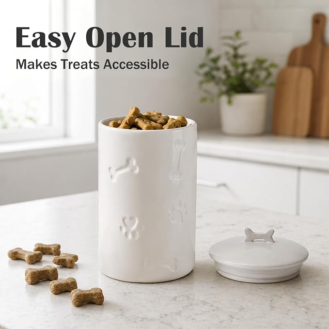 Dog Treat Container Airtight - 9"x5" Ceramic Big Treats Jar with Lid(White)