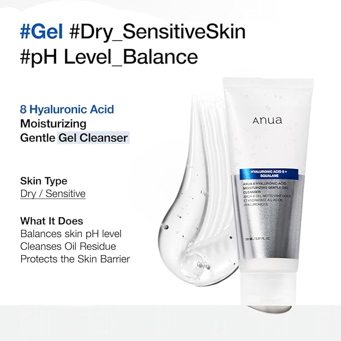 ANUA Moisturizing Gentle Gel Cleanser, Hyaluronic Acid, Squalane, Ceramide, Foaming Facial Korean Cleanser, pH Balance, Daily Hydrating Face Wash, Korean Skincare (150ml/5.07fl oz.)