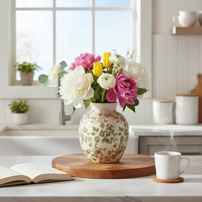 SIDUCAL Ceramic Green and Beige Antique Vase, 5.83 Inch Retro Ice Cracked Chinoiserie Floral Vase, Rustic Farmhouse Vases for Home Decor, Bookshelf, Office, Garden, Chinoiserie Decor, Tuscan Decor