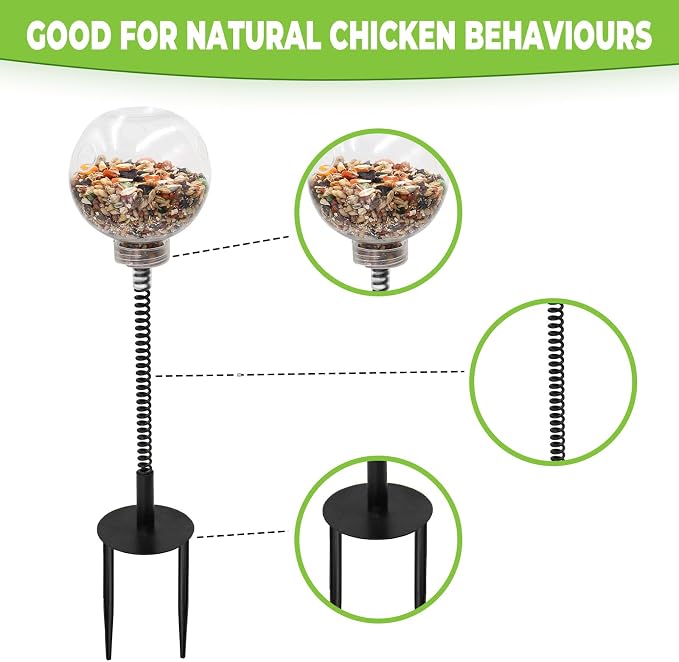 Chicken Treat Dispenser, Chicken Enrichment Toys with Spring and Ground Stake, Feeder for Coop, Coop Accessories for Hens, Geese, Ducks, Turkeys, Other Poultry