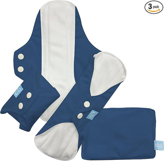 Charlie Banana - Reusable Feminine Pads Super+ 3Pack with Pouch | Washable Menstrual Pads for Heavy & Overnight Absorbency | Dark Blue
