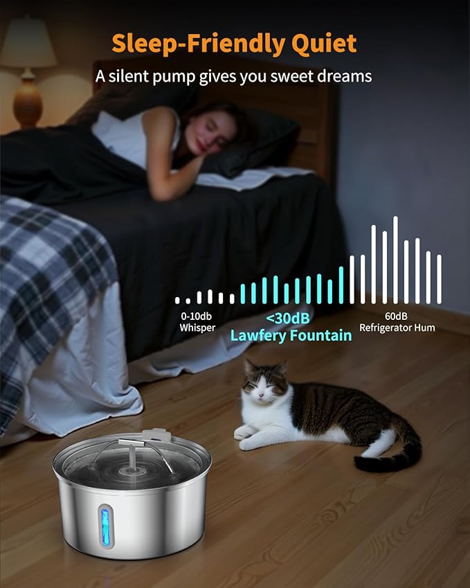 Lawfery Cat Water Fountain Stainless Steel, 108oz/3.2L Pet Fountain | 3 Replacement Filters, Quiet Pump, Cat Drinking Fountain for Indoor Cats and Small Dogs