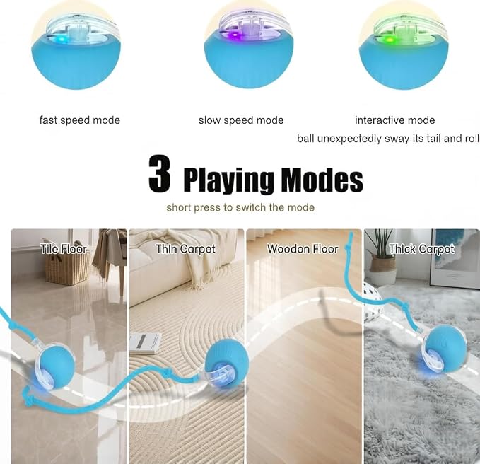 Interactive Dog Cat Toy Ball, Upgraded Rechargable Smart Automatic Rolling Pet Ball with Tail, Fast Moving Toy for Bored Indoor Kitty Puppy- Blue