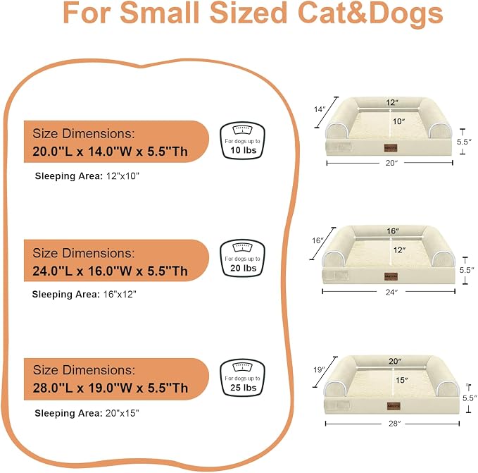 Orthopedic Dog Bed for Small Dogs, 24 x 16 Inch, Beige | Egg crate foam for joint support, 3-sided bolster pet sofa, waterproof lining, washable cover, and non-skid base