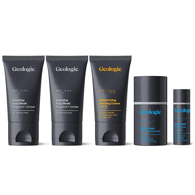 Geologie Complete Skincare Set for Men & Women | 3-Month Simple & Effective Daily Clear Skin Routine | Acne, Oily Skin, Dark Spots | Face Wash 2-Pack, Retinol Face Cream, SPF15 Moisturizer & Eye Cream