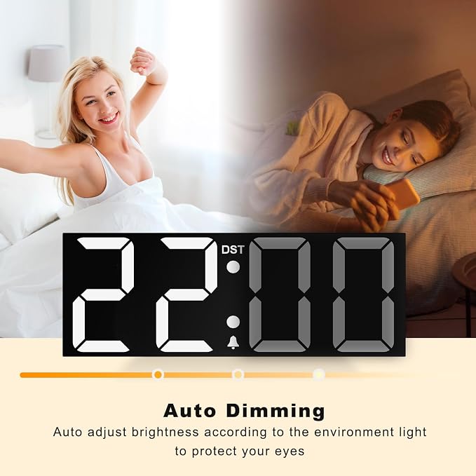 JALL 22" Large Digital Wall Clock, Big LED Number Dispaly, DST, Night Light for Classroom, Living Room, Bedroom, Mounted, Birthday Xmas Gift for Senior, Mem Womem Mom Dad, White