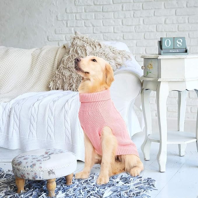 Mihachi Turtleneck Dog Sweater - Winter Coat Apparel Classic Cable Knit Clothes with Leash Hole for Cold Weather, Ideal Gift for Pet in New Year Pink 2XL