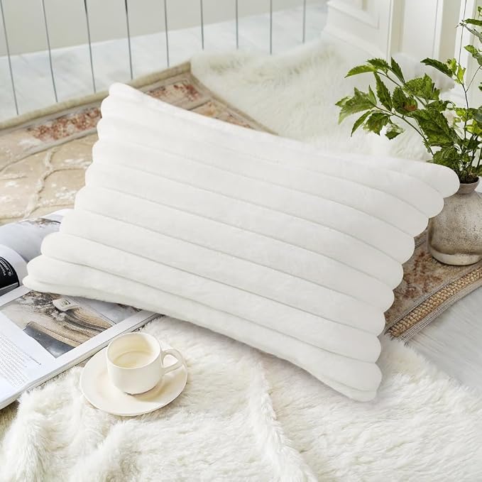 decorUhome Fall Faux Fur Throw Pillow Covers 12x20 Set of 2 White | Decorative Soft Cozy Striped Plush Modern Farmhouse Boho Couch Pillow Cases Velvet Back for Sofa Bed Living Room Home Decor