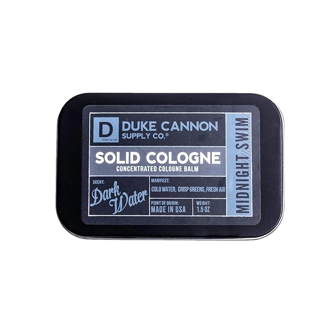 Duke Cannon Supply Co. Solid Cologne for Men Midnight Swim - Cold Water, Crisp Greens, Fresh Air - Concentrated Balm, Coconut Oil, Travel-Friendly Tin, 1.5 oz (1 unit)