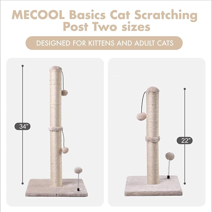 MECOOL Cat Scratching Post Premium Basics Kitten Scratcher Sisal Scratch Posts with Hanging Ball 22in for Kittens or Smaller Cats (22 inches for Kitten, Beige)