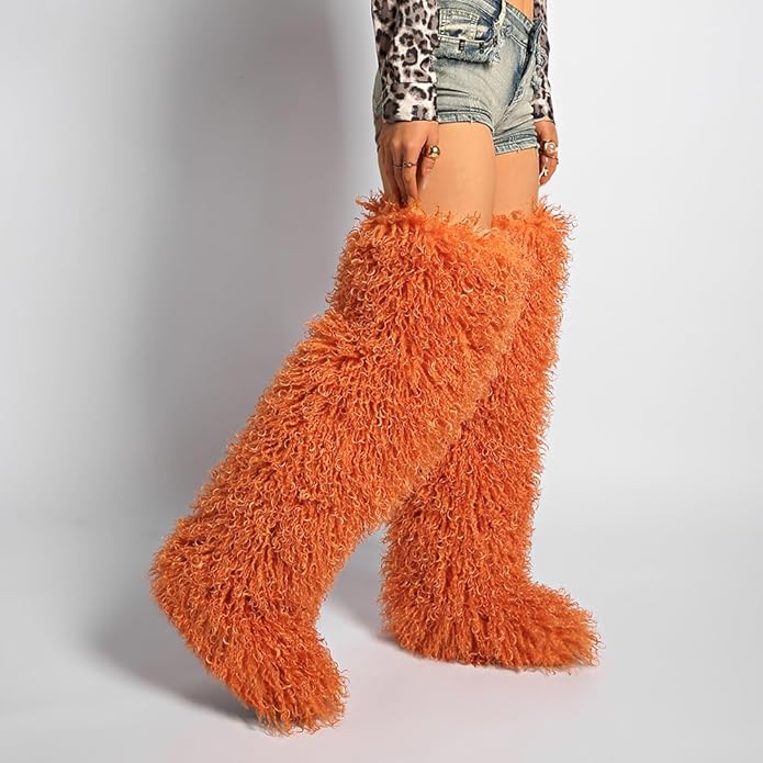 SWEETHEART BEAUTY Thigh High Shagy Teddy Fur Boots, 29 Inch Over the Knee Length Fluffy High Boots, Tall Furry Shoes For Women