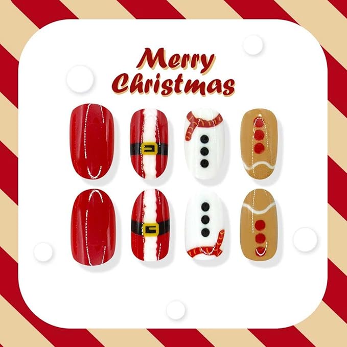 Christmas Press on Nails Red White Fake Nails with Button Design Santa Claus Glue on Nail Artificial Acrylic Glossy Full Cover Xmas Short Almond Stick on Nail for Women Girls Manicure 24Pcs