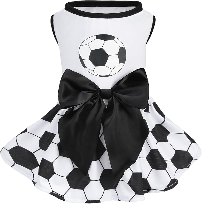 PUPTECK Soccer Ball Dog Dress with Bow, Cute Dog Skirt White and Black M | Breathable Soft Pet Clothes for Small Medium Dogs Cats, Puppy Outfits Apparel Costume for Game Day Celebration Holiday Party