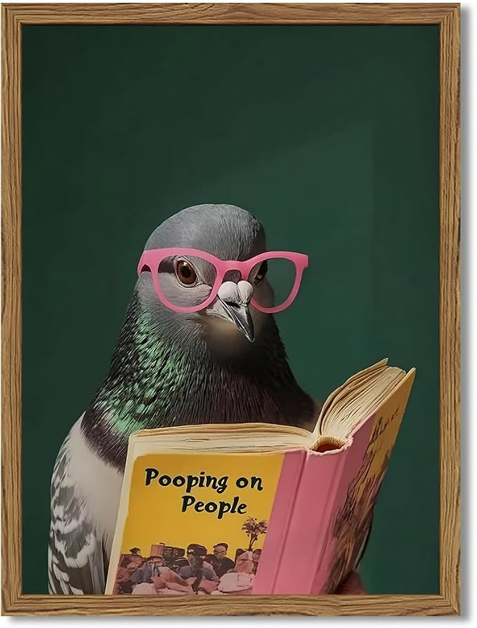 Framed Funny Pigeon Wall Art, Humorous Bird Reading Wall Decor Paintings, Pooping on People Book Pictures Canvas Print Eclectic Home Decor for Bathroom Living Room Office Dorm 16x24 inch