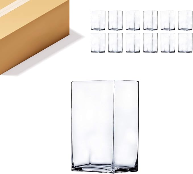 WGV Glass Rectangle Block Vase Bulk, Width x Length 3" x 4", Height 6.5", Clear Floral Planter Container Votive Candle Holder Wedding Party Event, Home Office Decor, 12 Pieces