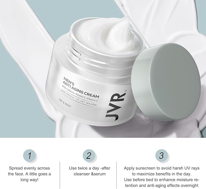 JVR Mens Face Moisturizer, Anti Aging Moisturizing Cream, Lightweight Face Moisturizer For Men Anti Wrinkle Mens Face Lotion Day & Night with Caffeine, Niacinamide, Facial Skin Care 1.7 oz