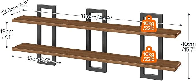 HOOBRO Floating Shelves, 15 Inch Wall Shelf Set of 3, Wall Mounted Storage Shelves 2-Tier, Hanging Bathroom Shelves, for Living Room, Bedroom, Bathroom, Kitchen, Walnut and Black BH32BJP301