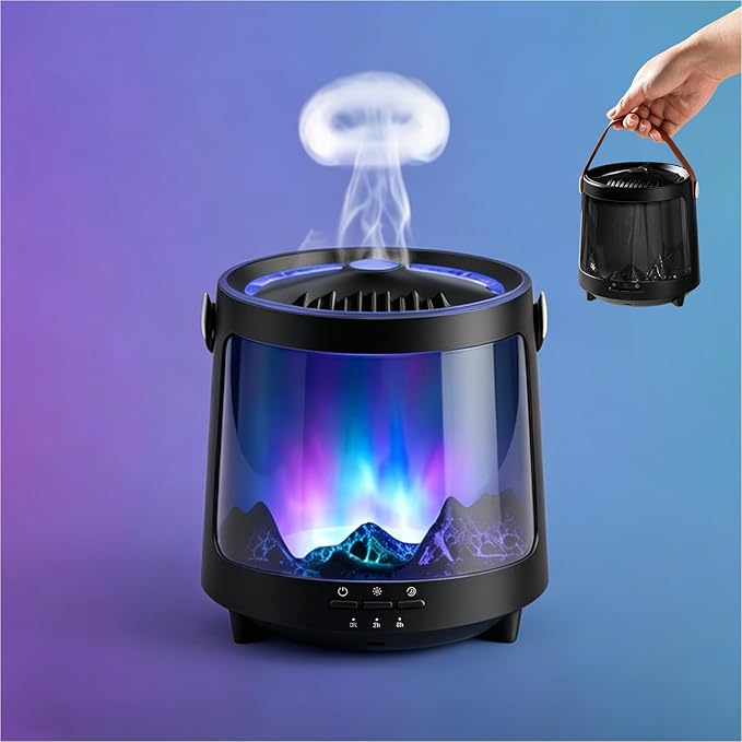 Essential Oil Diffuser, Jellyfish Aroma Diffuser Portable Aurora Flame Diffuser, 300ml Ultrasonic Cold Mist Humidifier, wimer and Auto-Off Function, Suitable for Home and Room (Black)